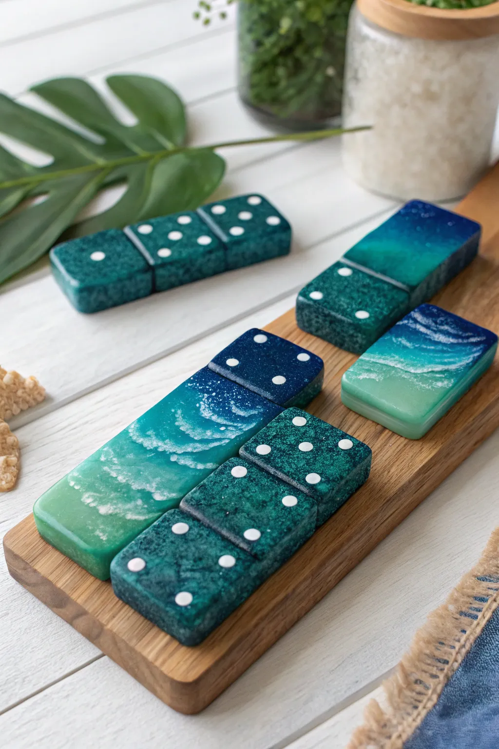 Dive into the soothing gradient glory of handcrafted resin dominoes, where ocean blues meet emerald greens.