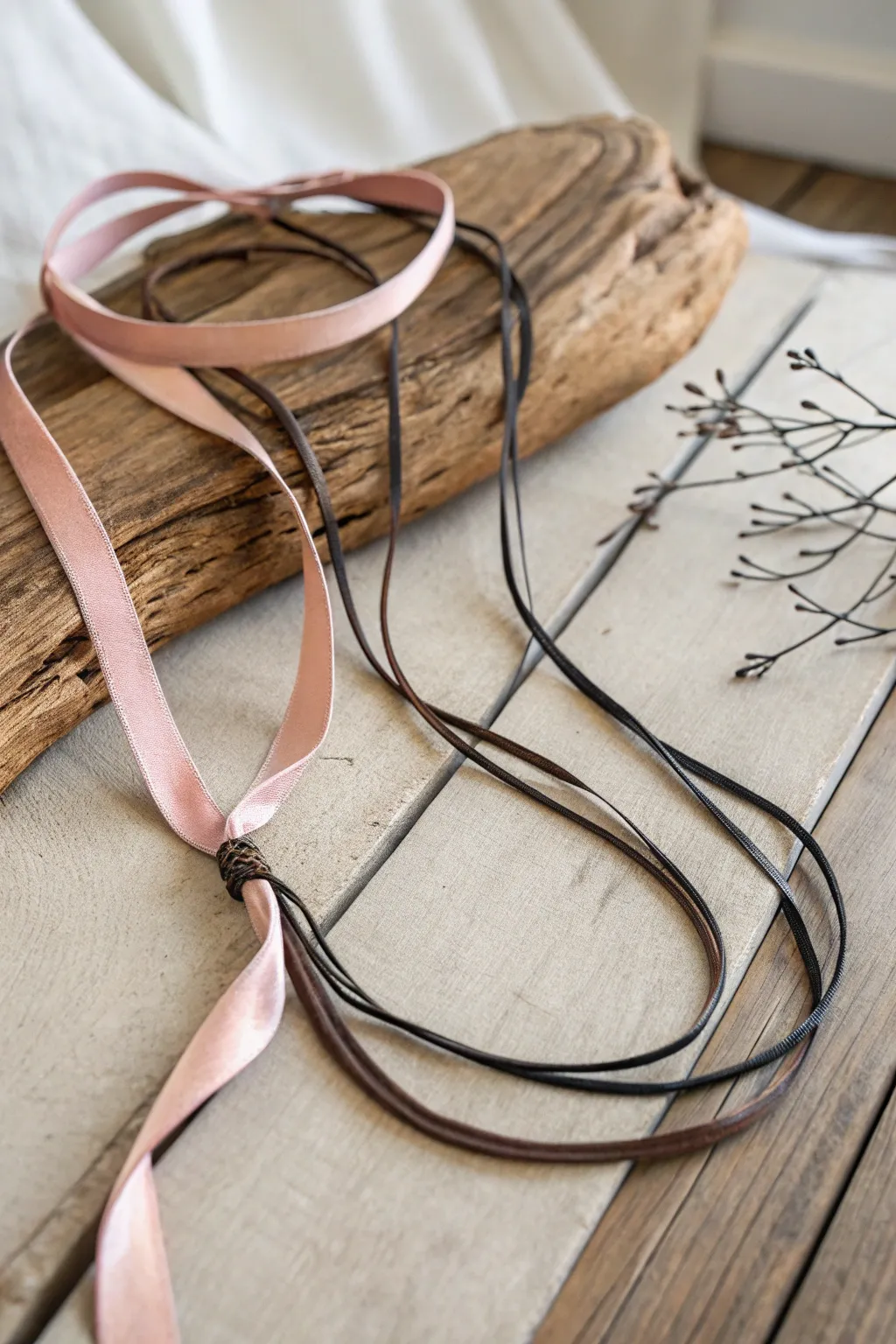 Discover the bold elegance of ribbon and leather fusion in a necklace that redefines modern style.