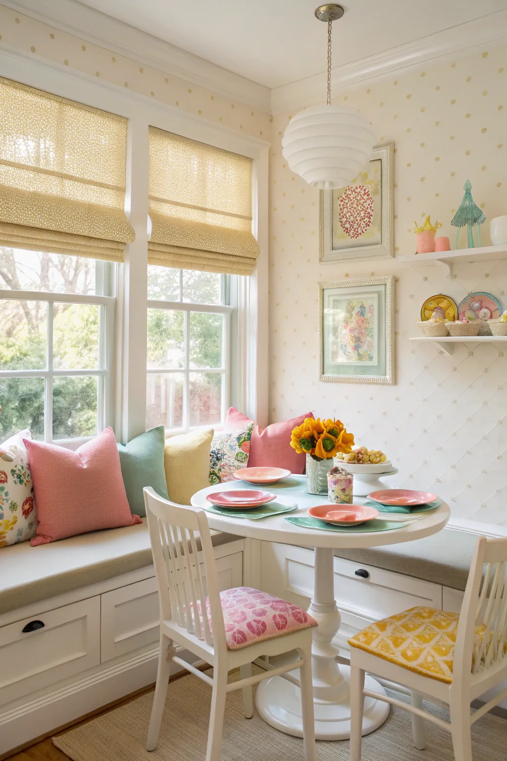 Light Roman shades brighten up this breakfast nook.