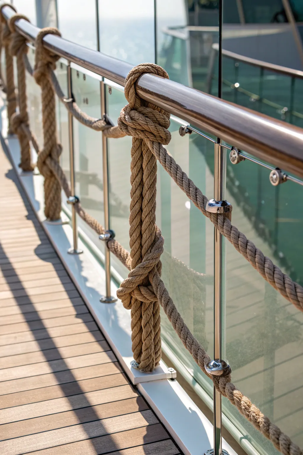 Elevate your outdoor space with the perfect harmony of rustic ropes and sleek glass panels.