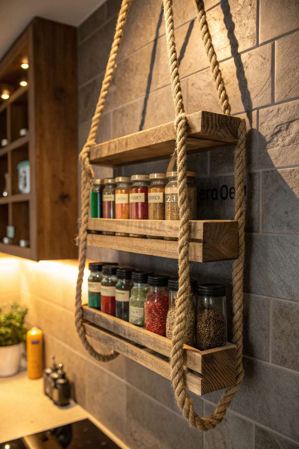 Elevate your kitchen style with a handcrafted rope spice rack – where functionality meets rustic charm.