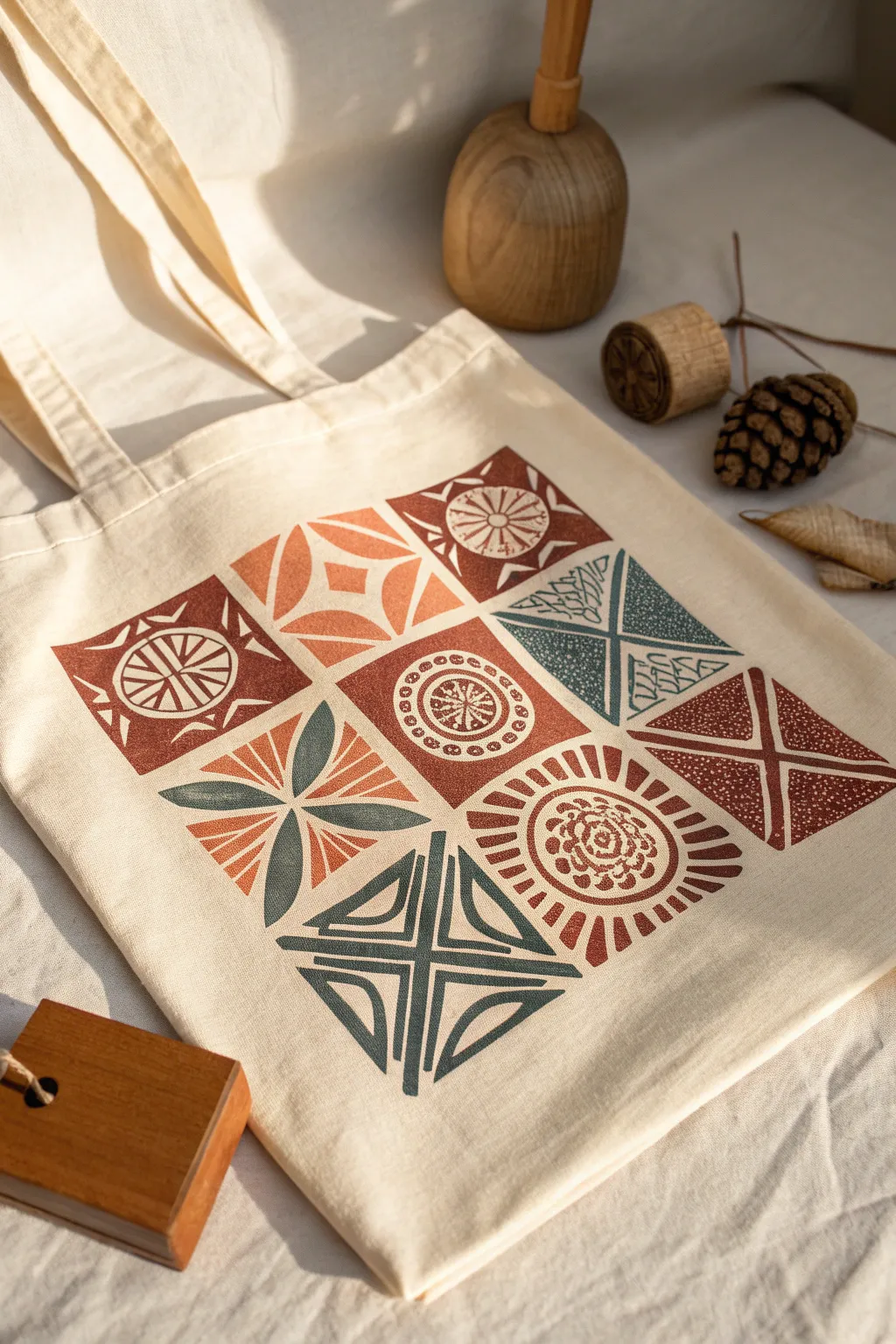 Transform your tote with chic geometric stamps for a stylish, handcrafted touch.