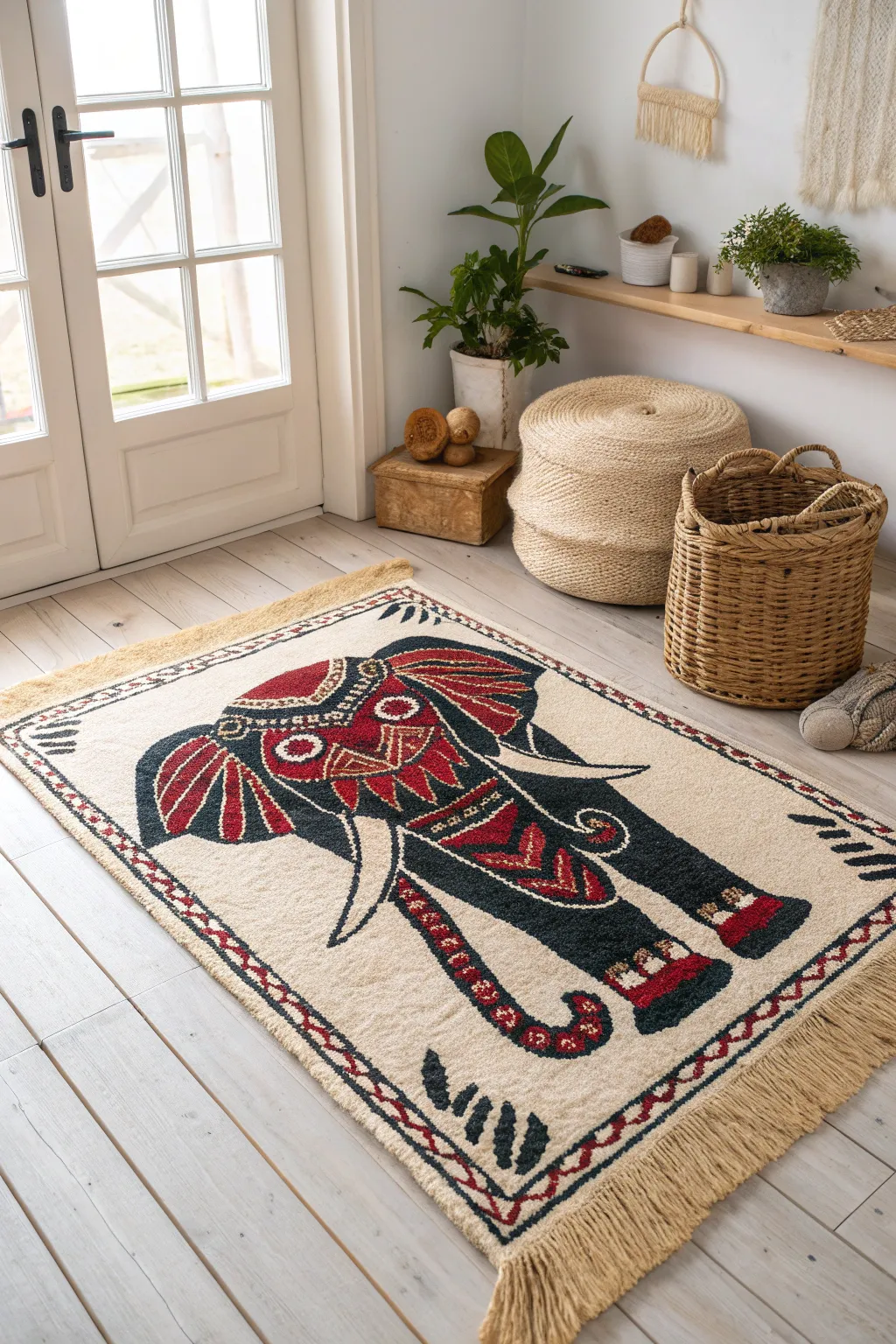 Step into the wild with this stunning elephant rug, a perfect blend of bold design and minimalist elegance.
