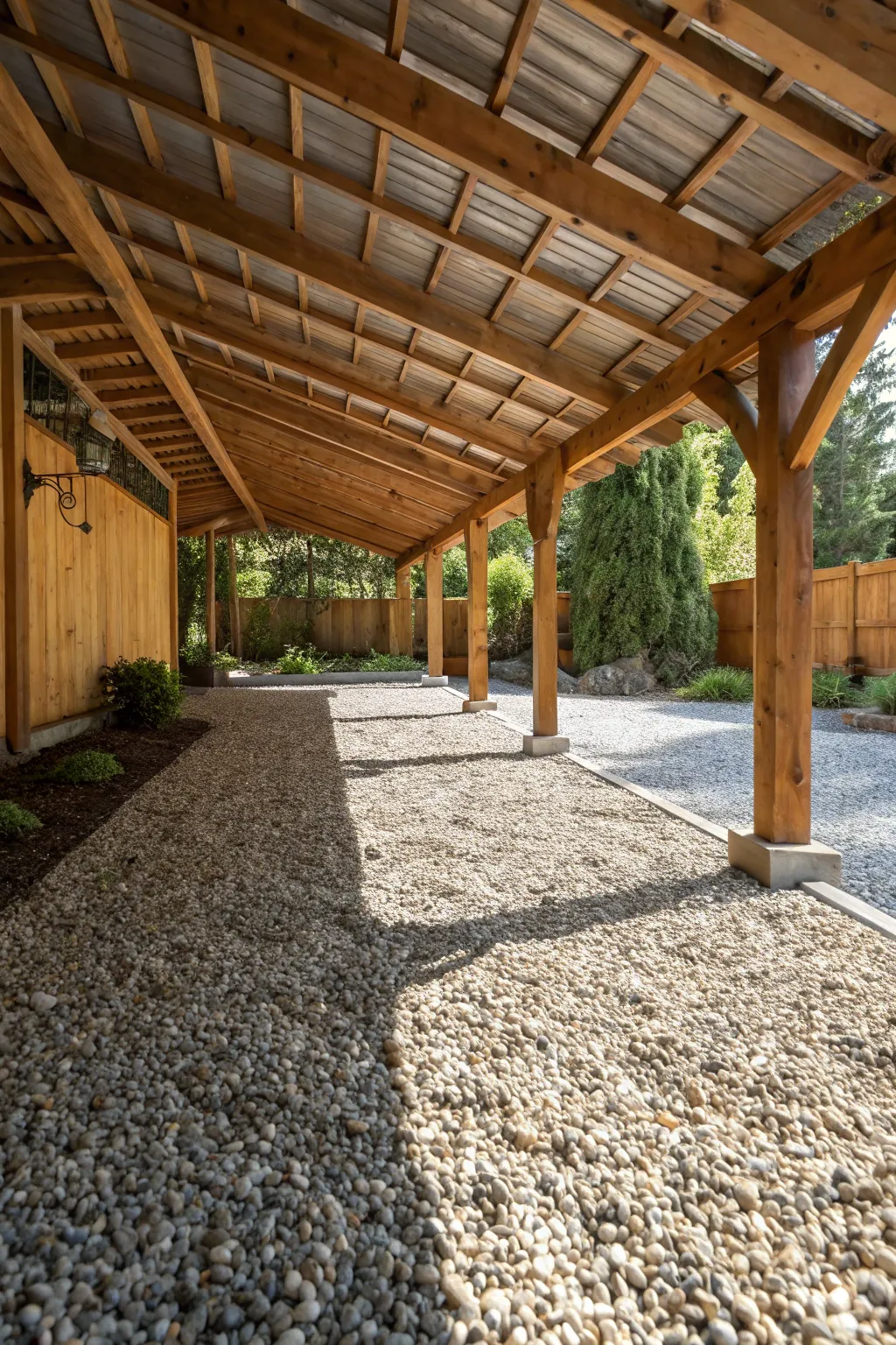 Experience the charm of rustic elegance with a gravel-covered carport floor.