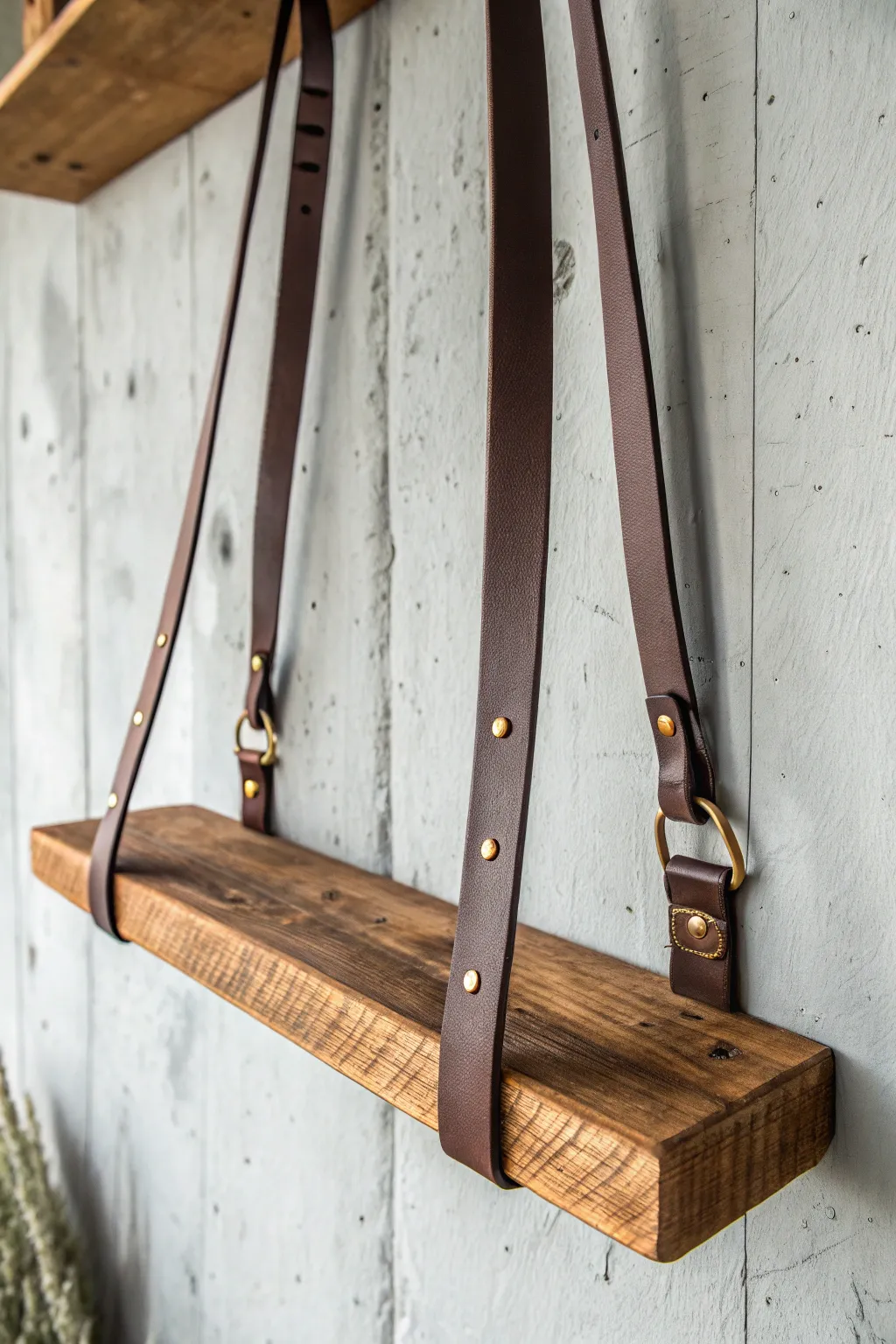 Elevate your space with the timeless elegance of leather strap shelving.