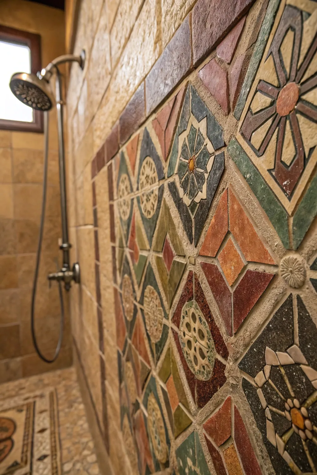Transform your shower into a masterpiece with handcrafted mosaic tiles—where artistry meets elegance.