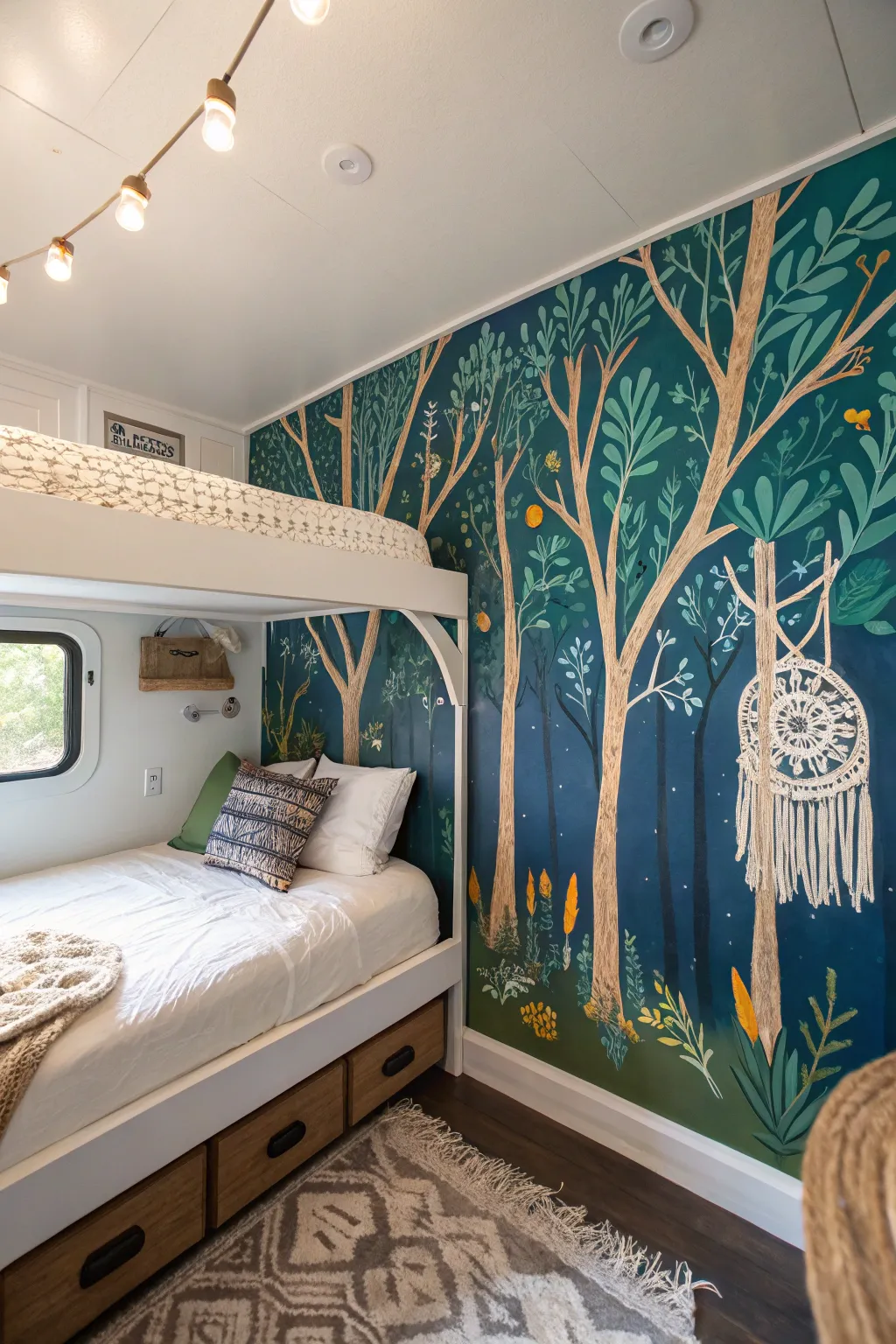 Transform your RV bunk room into a serene escape with an enchanting forest mural, combining minimalist elegance with boho charm.