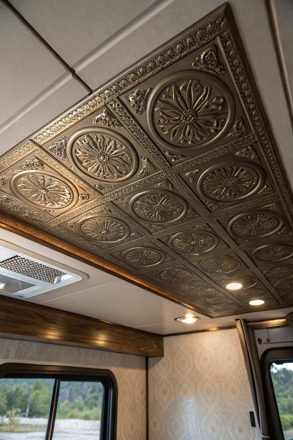 Elevate your RV's interior with the elegance of decorative ceiling tiles.