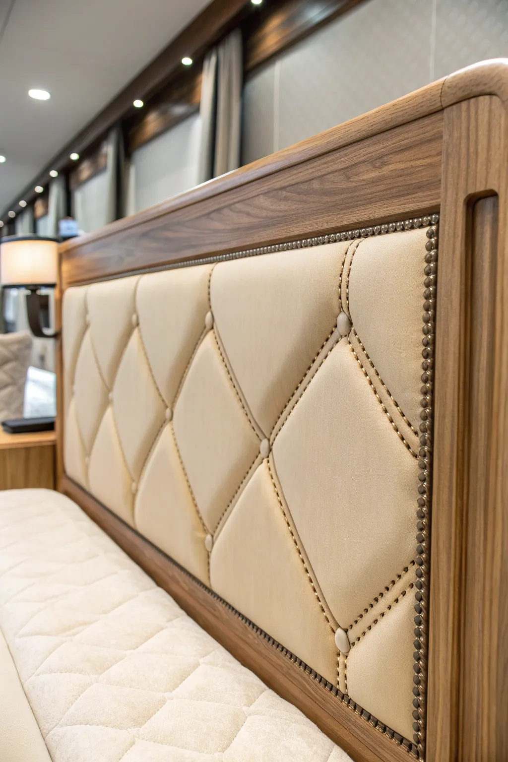 Embrace tranquility on the road with this handcrafted, neutral-toned RV headboard.