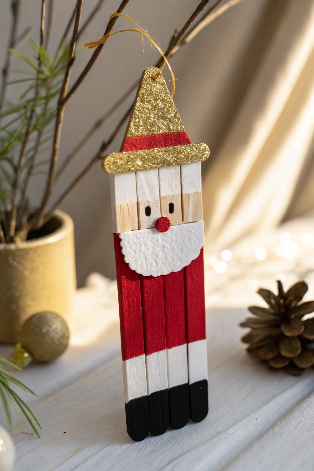 Rediscover the joy of crafting with this charming Popsicle Stick Santa ornament, a perfect blend of tradition and minimalist elegance.