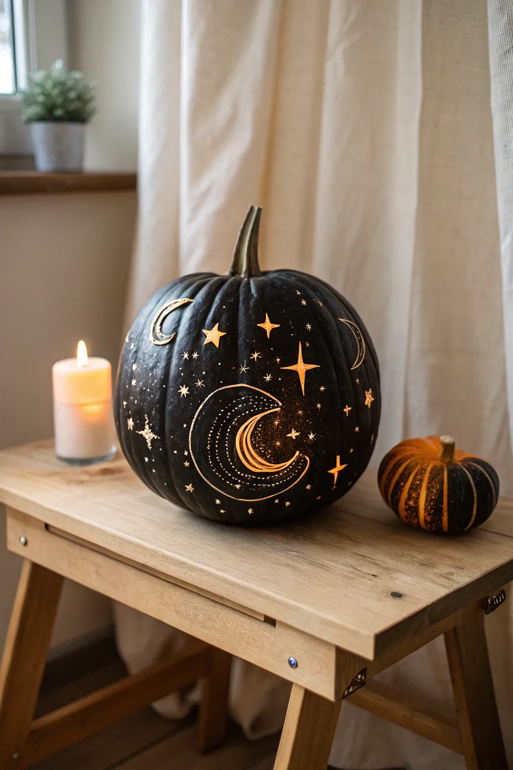 Transform your doorstep into a celestial wonder with this starry sky pumpkin carving masterpiece.