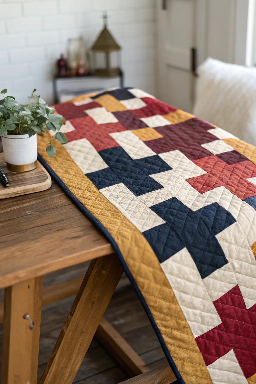 Embrace the art of spontaneity with a stunning improv cross quilt that adds a bold yet minimalist touch to your space.