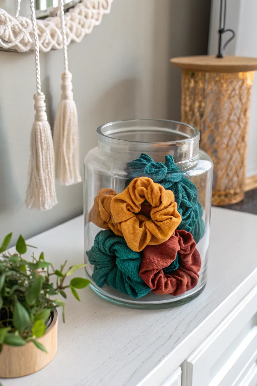 Charming simplicity meets colorful flair: Scrunchies elegantly stored in a glass jar for a stylish display. 🌿✨