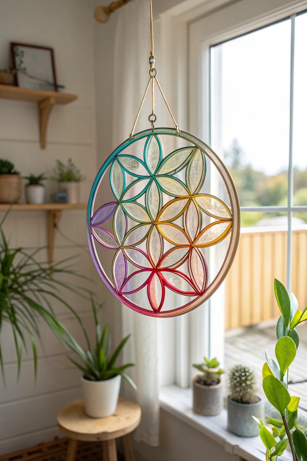 Catch the essence of life and color with this exquisite Seed of Life suncatcher, perfect for brightening any Scandinavian-inspired space.