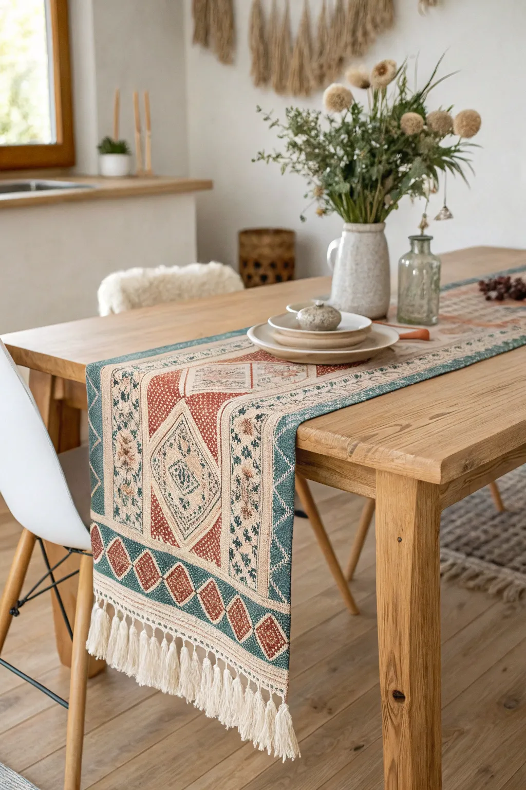 Effortless elegance: Create a stunning no-sew table runner that combines minimalist charm with bold boho flair.