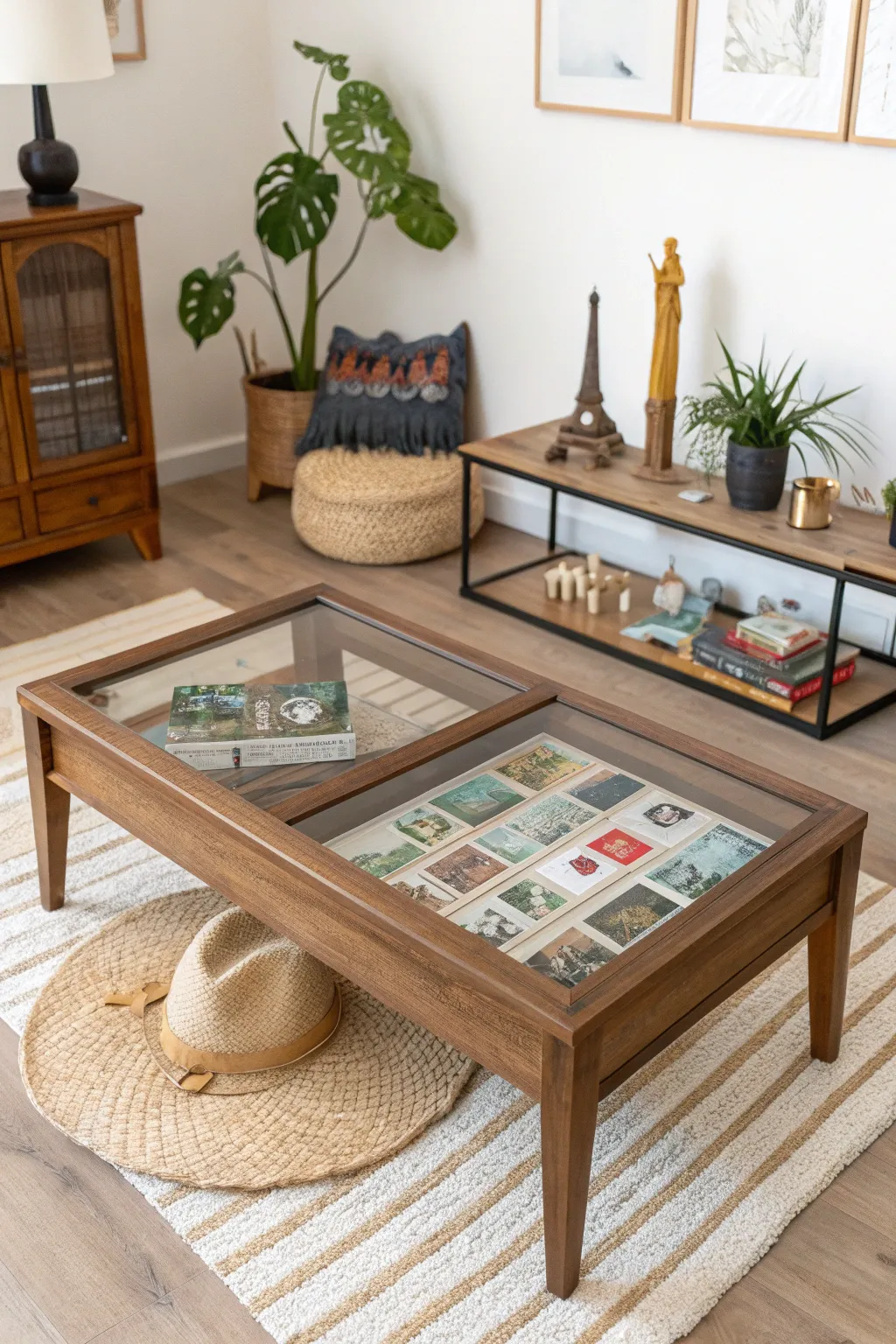 Transform your living space into a personal museum of memories with a shadow box table filled with travel treasures.