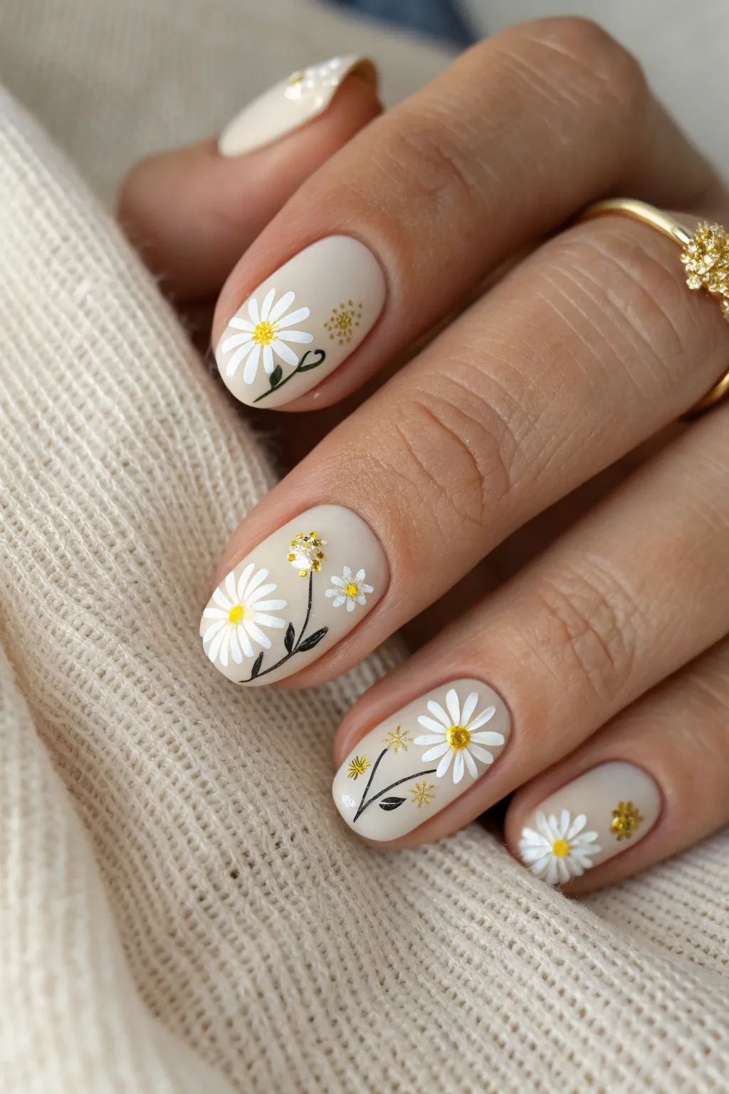 Elevate your style with minimalist daisy nail art featuring luxurious gold accents for a touch of understated glamour.