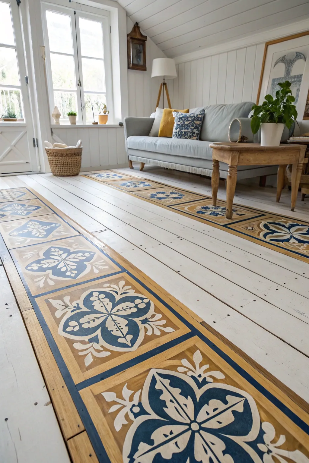 Elevate your space with a mix of modern and vintage floor paint designs that tell a story. #FloorArt #ScandinavianBoho