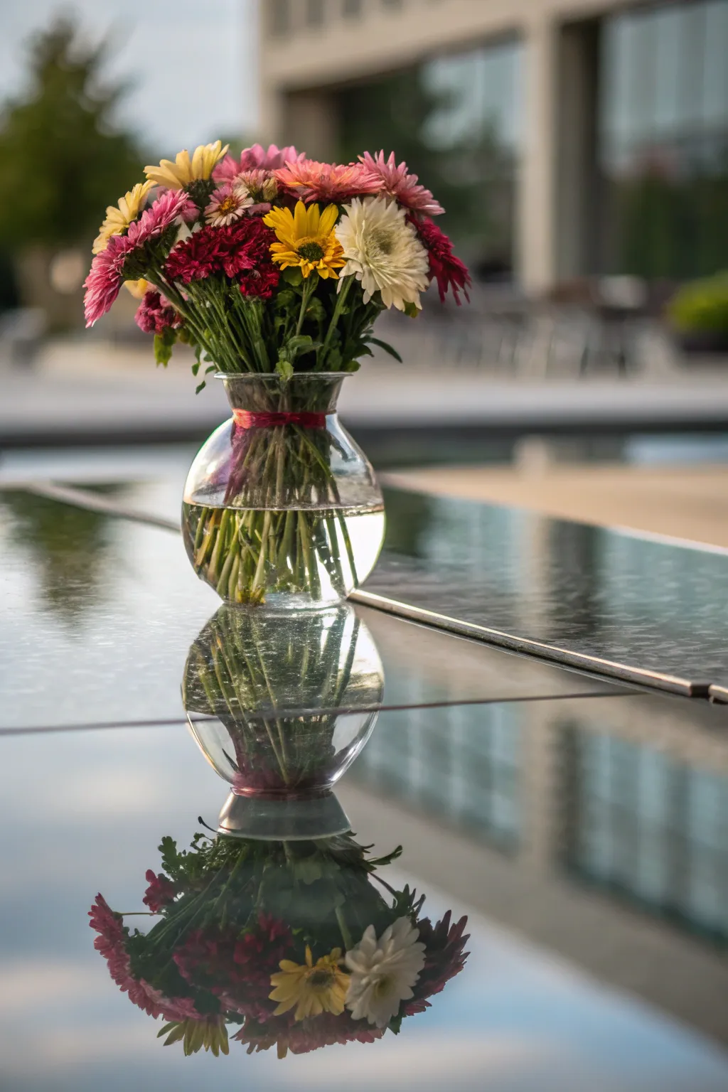 An elegant glass vase reflecting on a shiny surface.