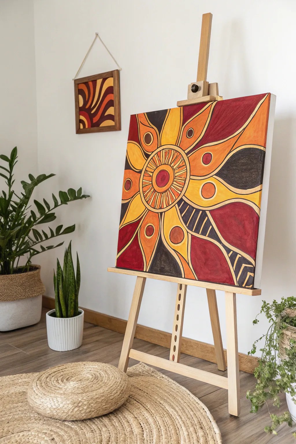 Embrace the beauty of abstract art with a sun painting that dazzles with bold colors and shapes.
