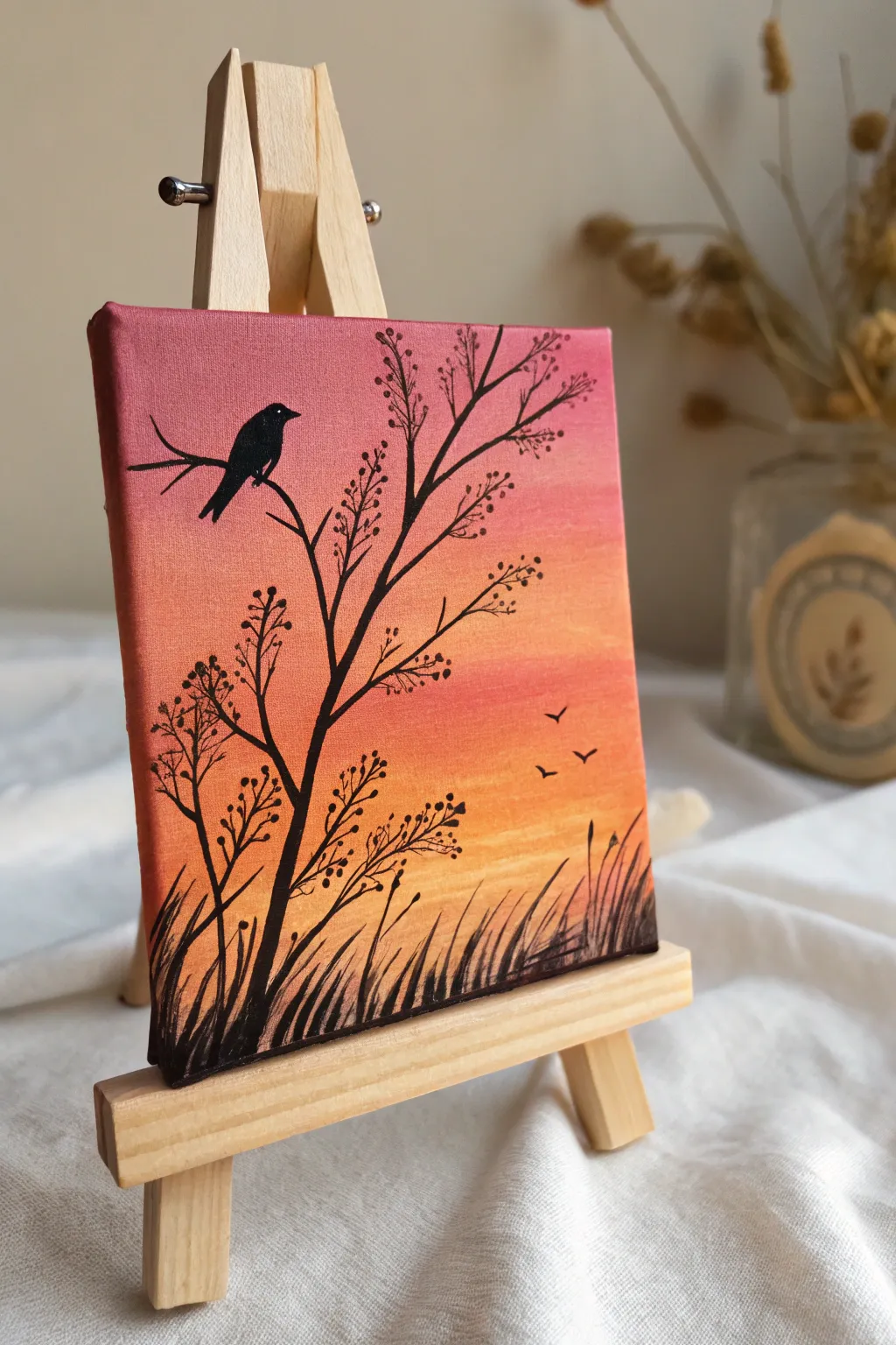Embrace simplicity with a stunning sunset silhouette painting, where vibrant hues meet minimalist elegance.