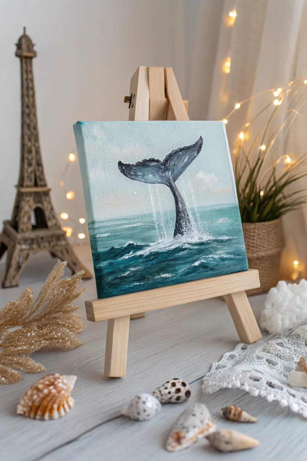 Capture the serene beauty of the ocean with a minimalist whale tail painting.