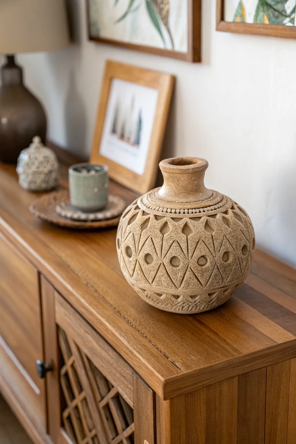 Textured clay sculpture adds depth to a sideboard.