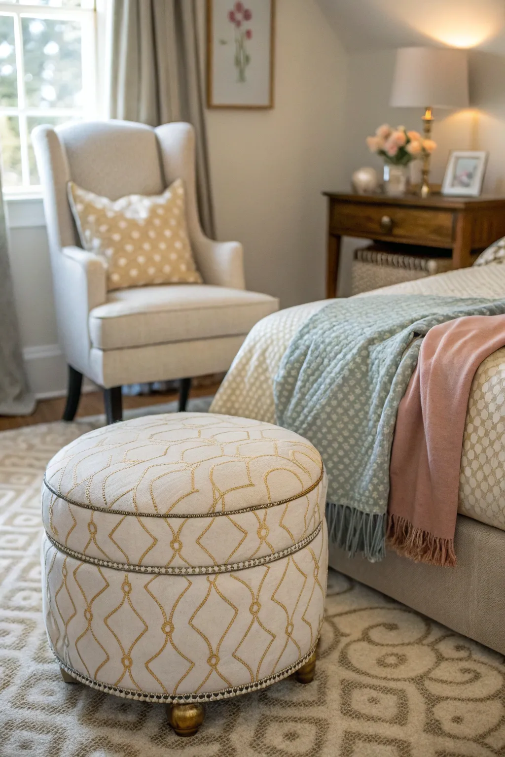 An ottoman offers versatility as a seat or footrest in your bedroom.