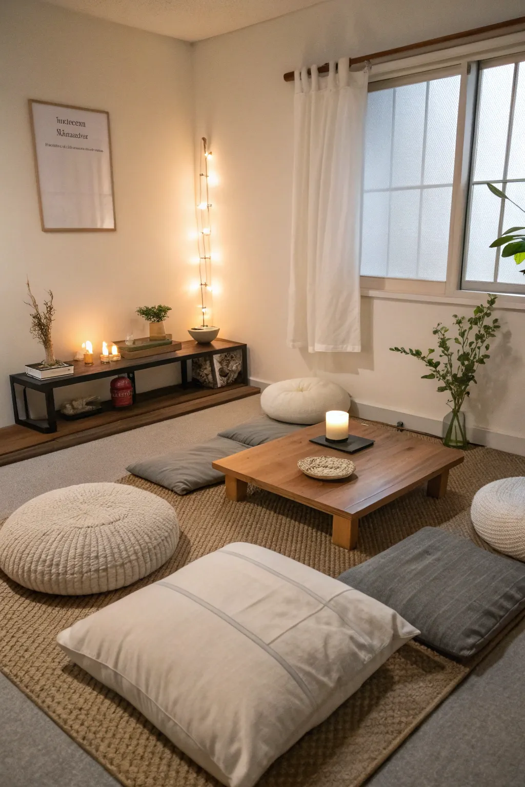 A peaceful meditation corner invites reflection and relaxation.