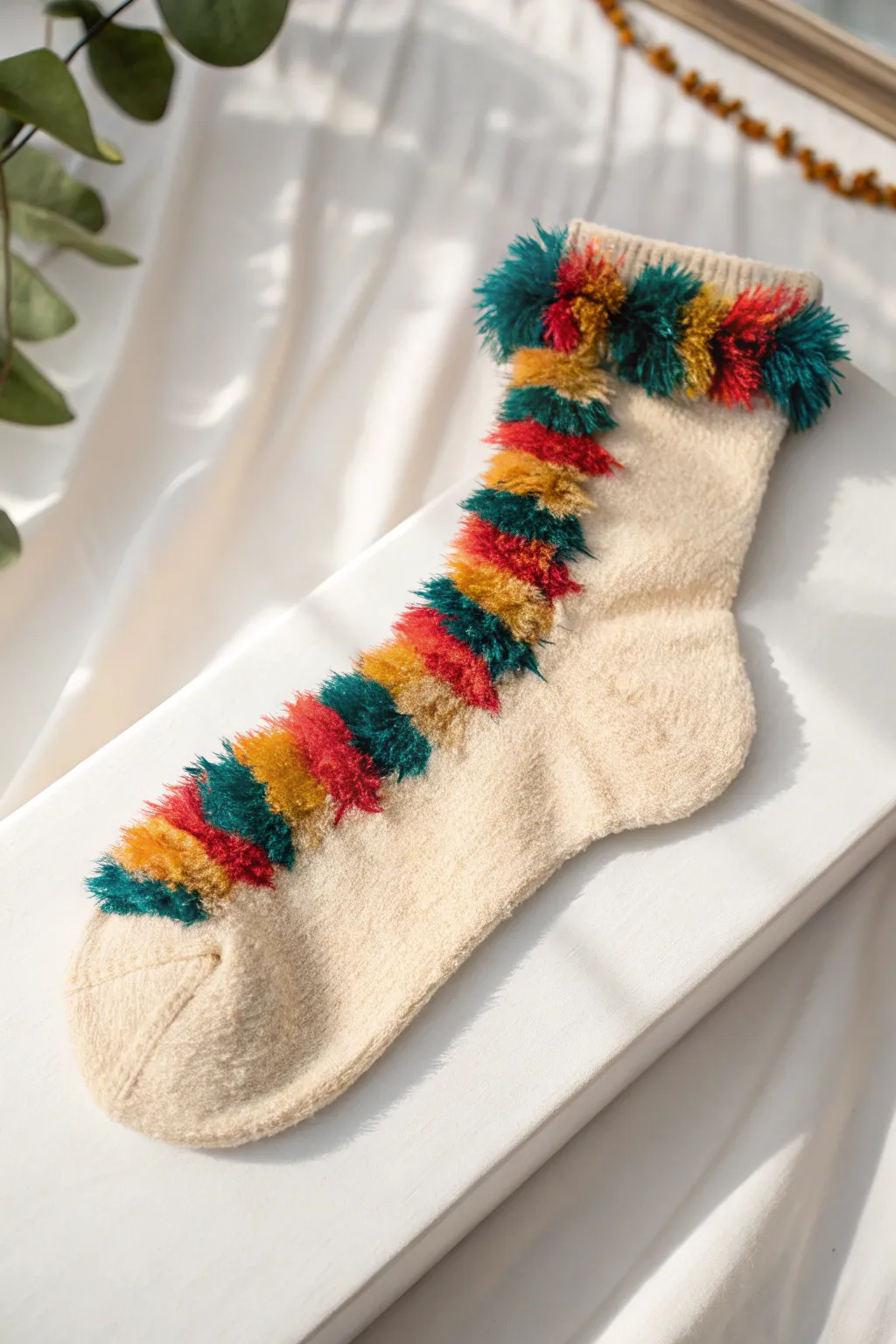 Step into whimsy with these charming, fuzzy-trimmed socks that bring a splash of joy and color to your day.