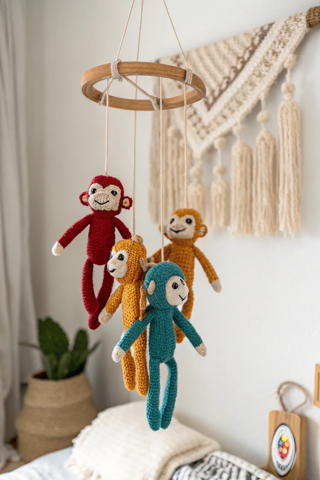 Add a whimsical touch to your space with a handcrafted sock monkey mobile—where simplicity meets playful charm.