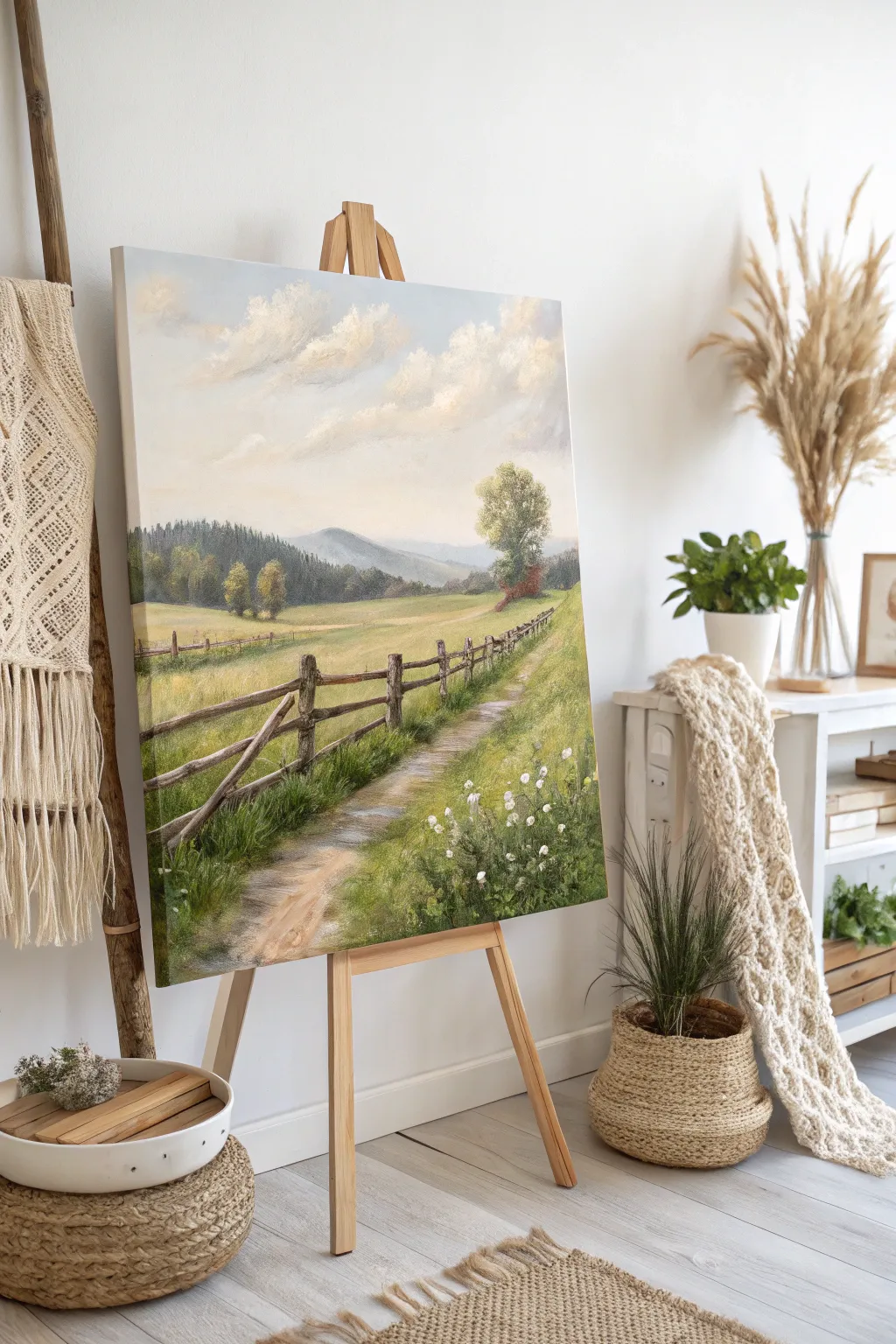 Embrace the serene beauty of the countryside with this minimalist pastoral canvas painting, perfect for adding a touch of tranquility to any space.