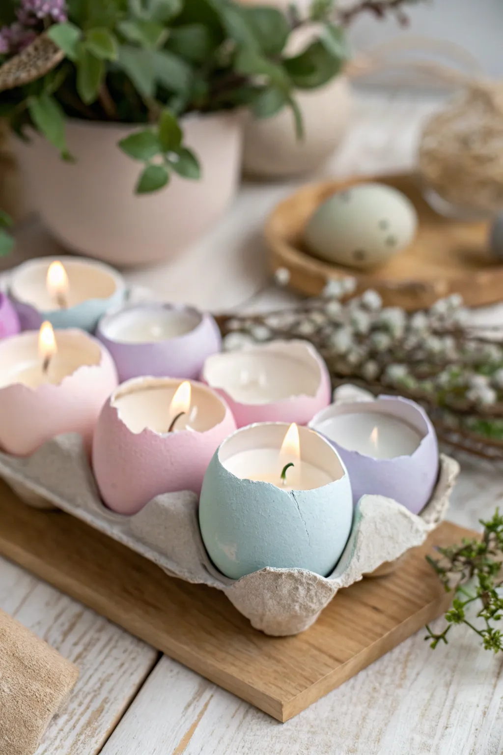 Transform breakfast leftovers into chic spring table decor with these enchanting eggshell candle holders.