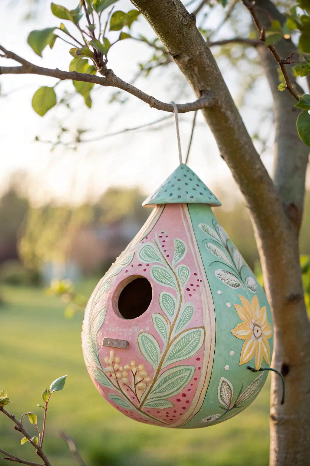 Embrace spring's artistry with a handcrafted gourd birdhouse, a vibrant haven for your garden's feathered visitors.