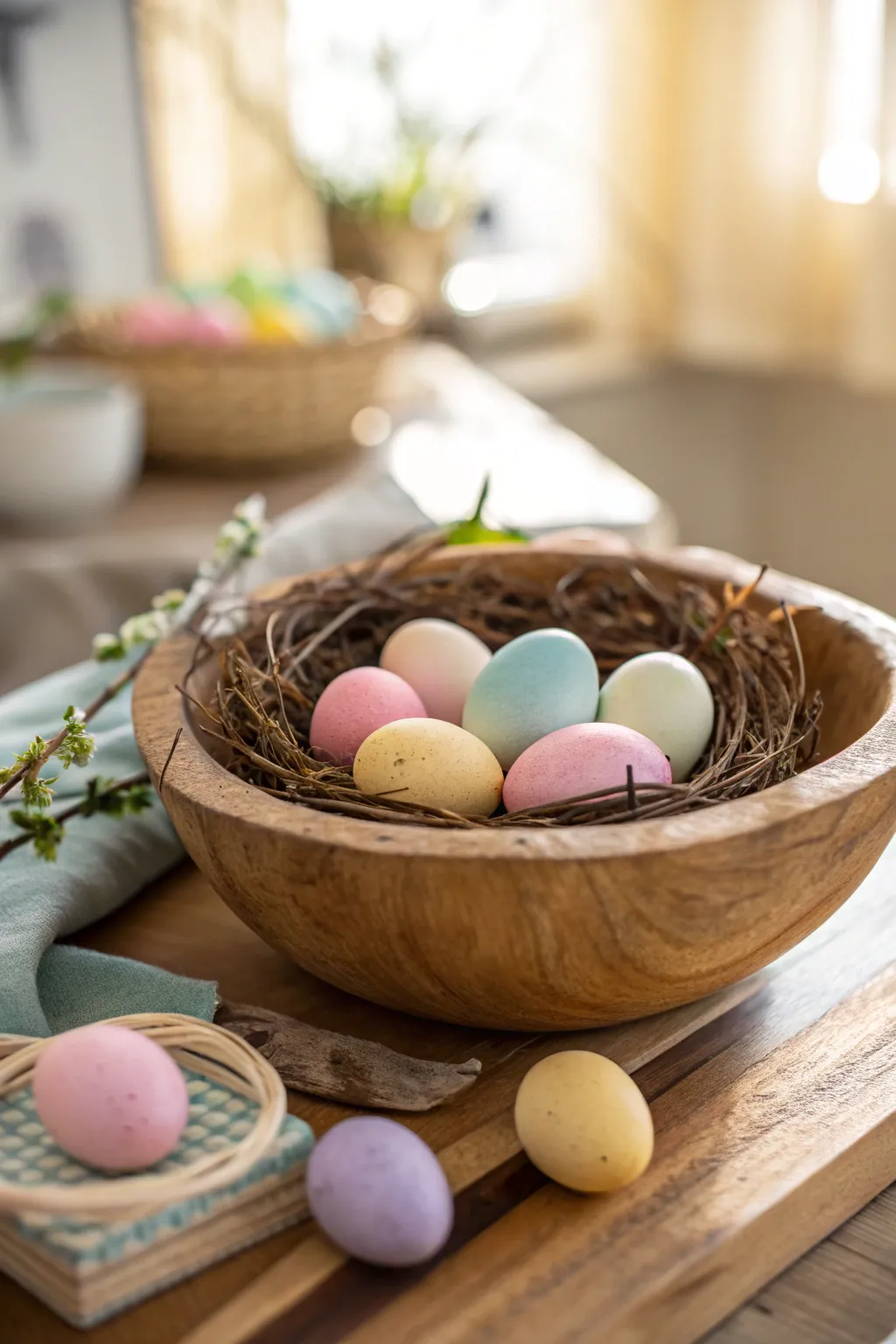 Celebrate Easter with a charming nest of eggs, perfect for family gatherings.