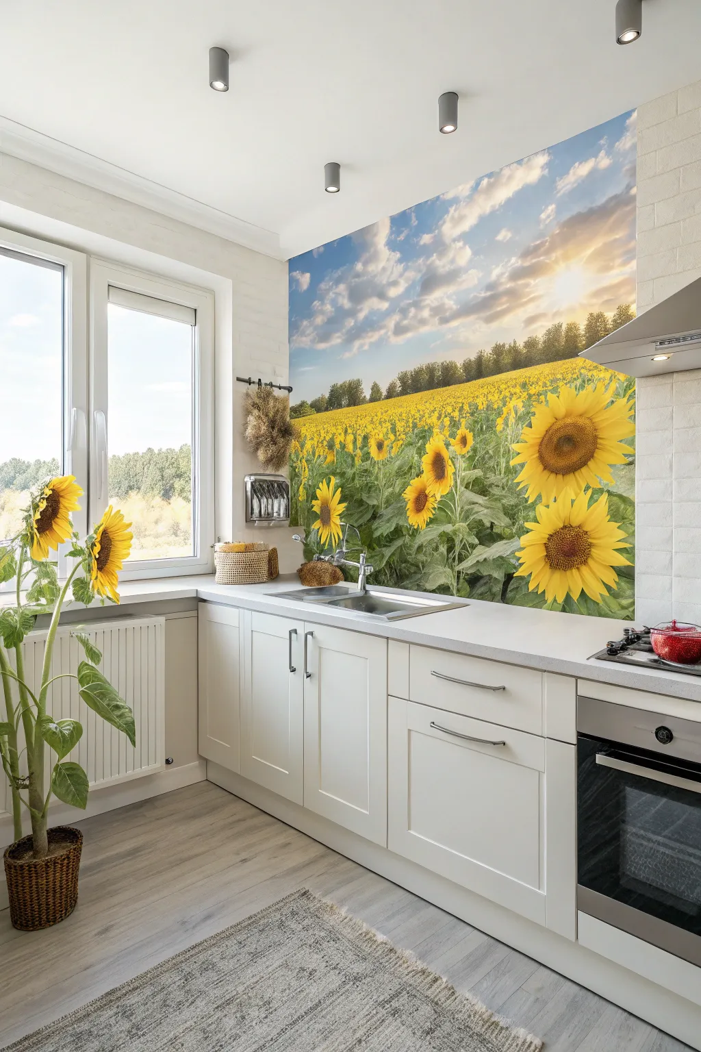 A bright kitchen with a wall mural of a sunflower field.