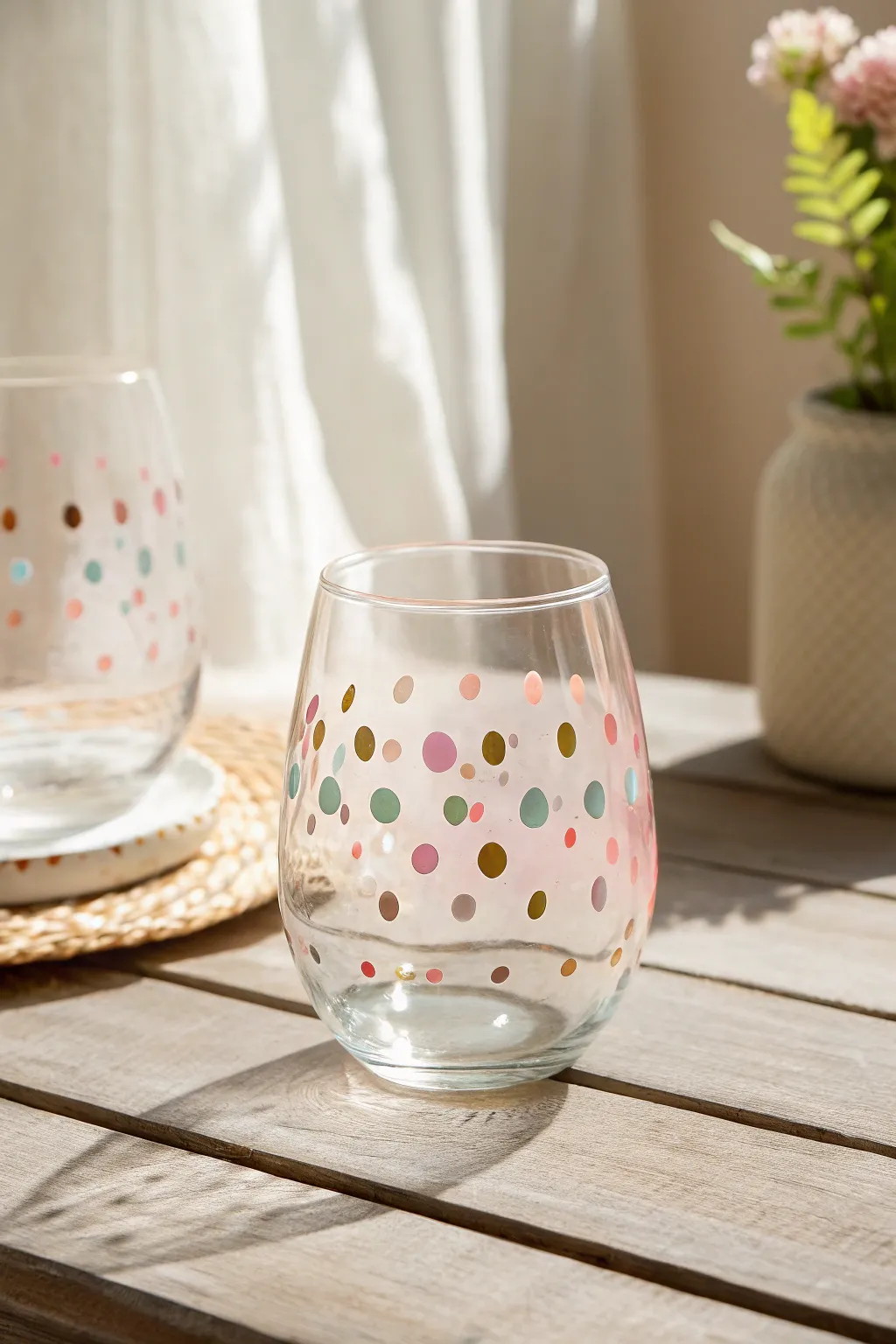 Add a touch of whimsy to your table with charming pastel polka dot stemless wine glasses!