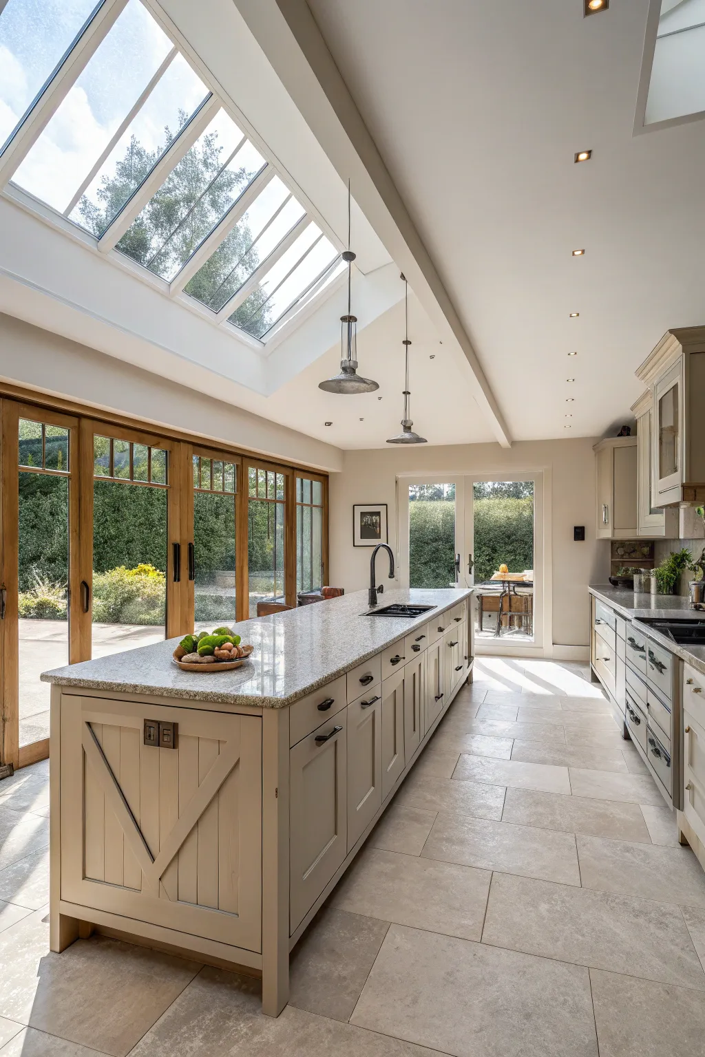 An open and airy kitchen layout with a central stone island.