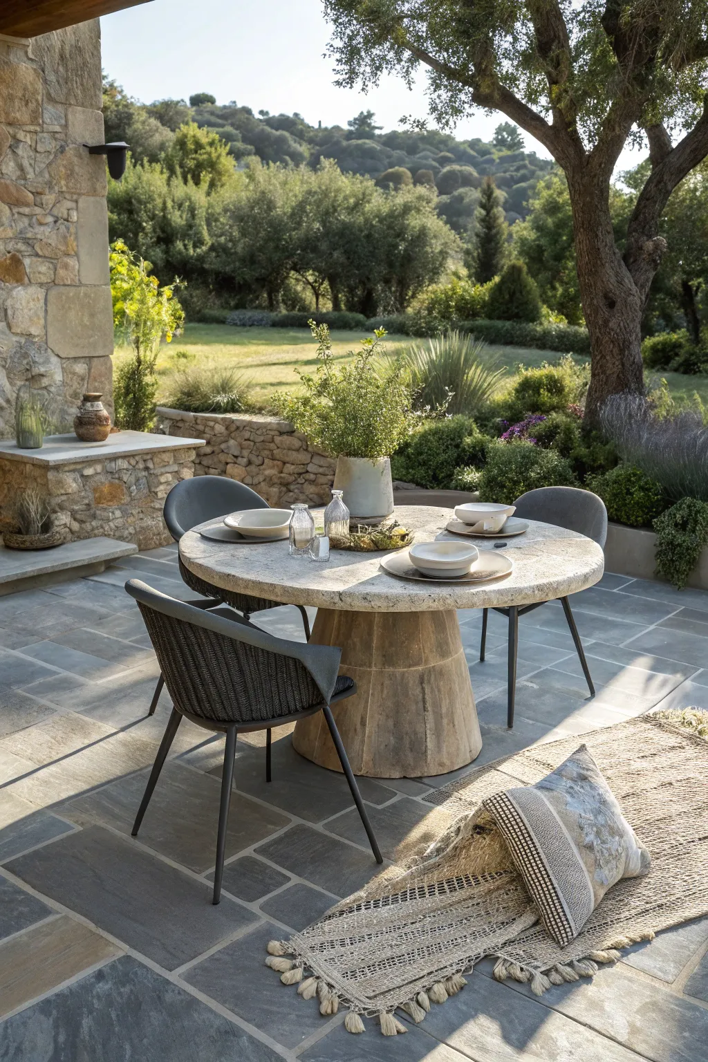 Elevate your outdoor gatherings with a stunning stone dining setup that blends minimalist charm with bohemian flair.