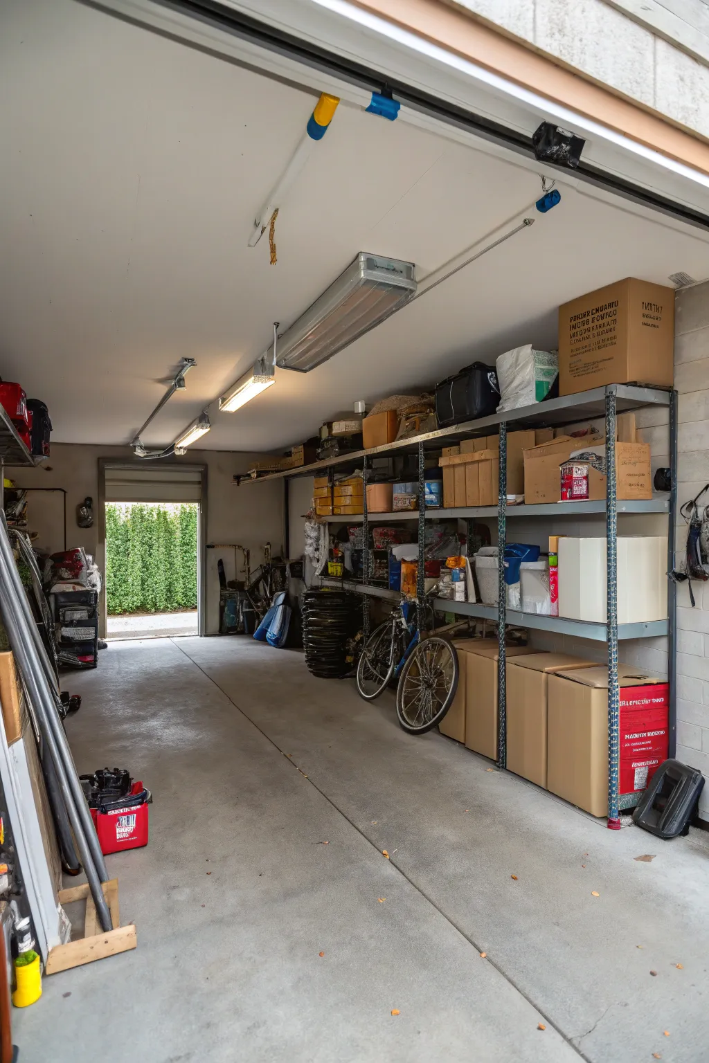 Overhead storage optimizes vertical space for bulky items.