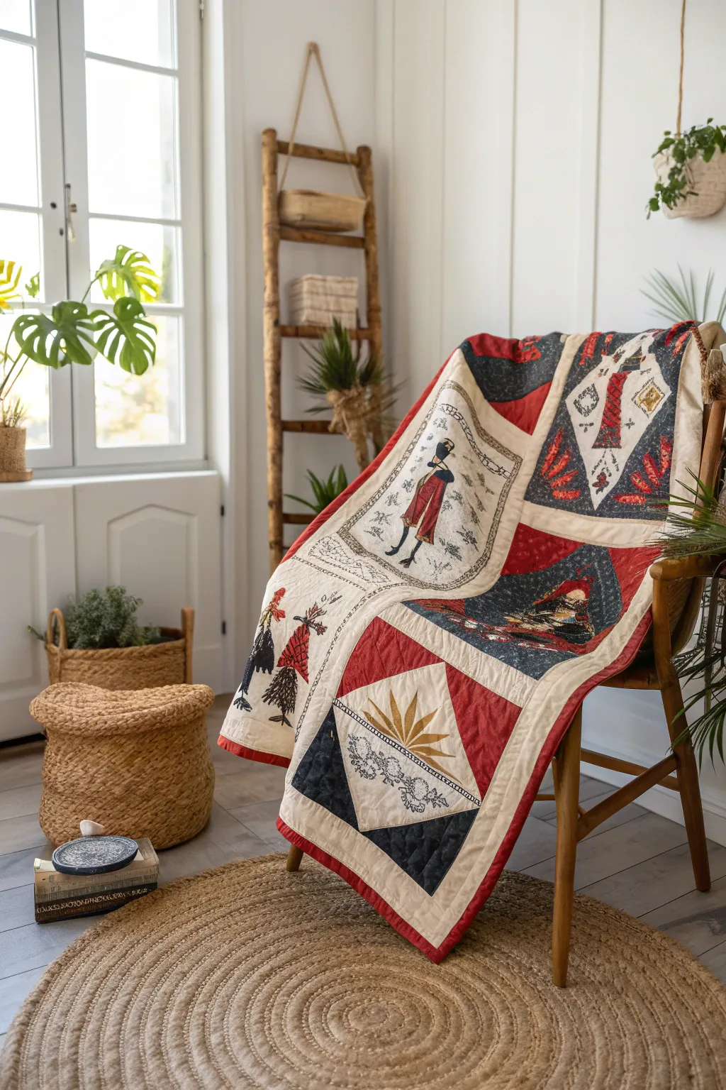 Honoring history through artful stitches: A story quilt that weaves the past into the present with bold colors and intricate detail.