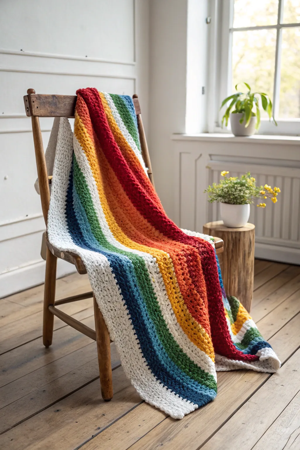 Wrap yourself in the vibrant embrace of handcrafted beauty with this Rainbow Delight crochet blanket. 🌈✨