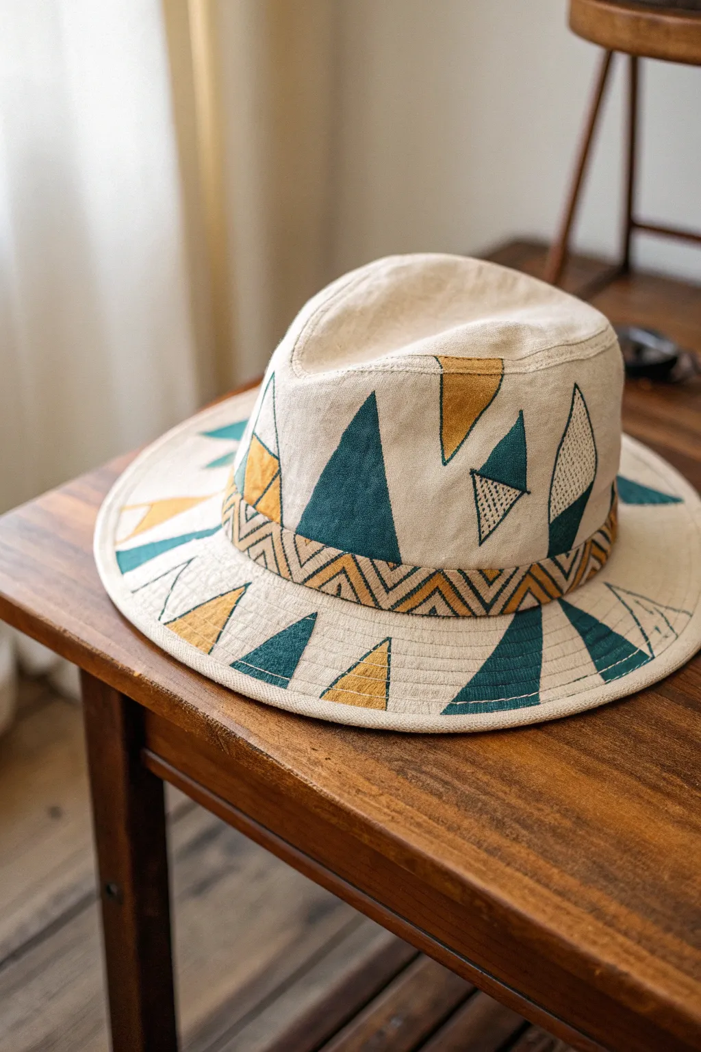 Elevate your style with this sleek geometric patterned hat – a perfect blend of modern design and natural elegance.