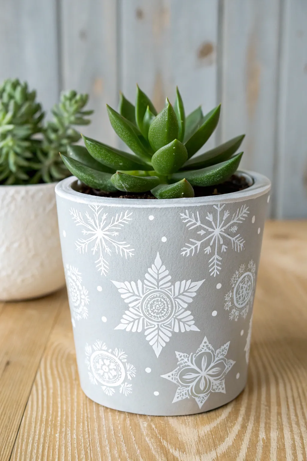 Embrace the beauty of winter with a hand-painted succulent pot that captures the essence of the season in minimalist style.
