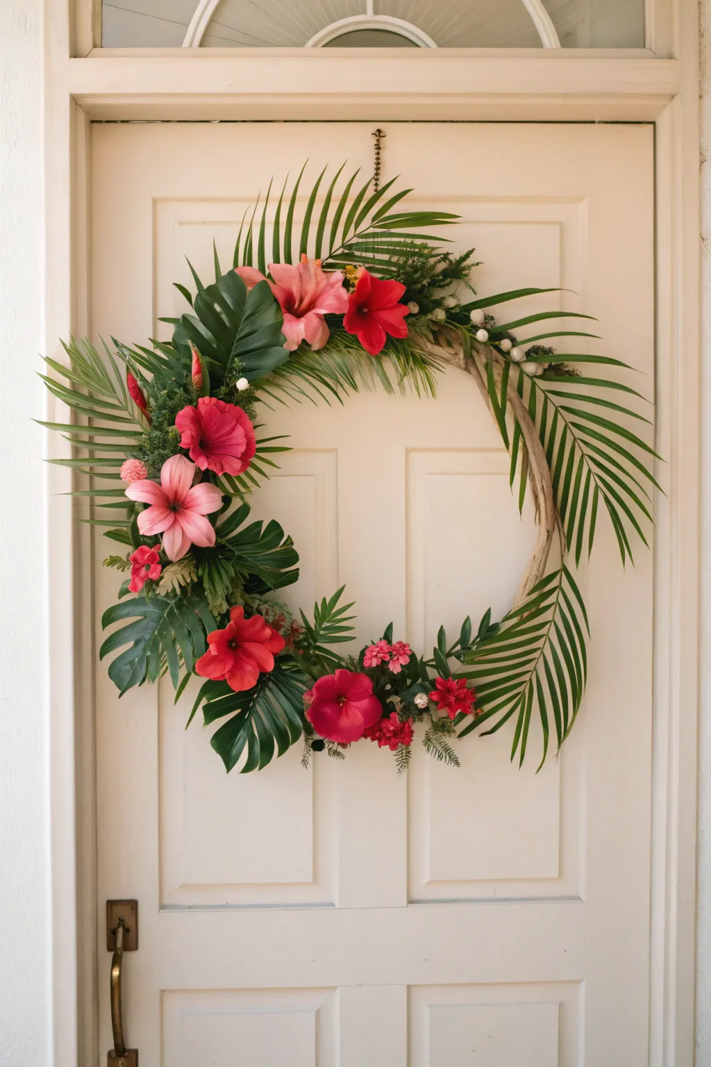 Transform your entrance into a Tropical Paradise with this stunning DIY wreath, bringing a splash of vibrant color and natural beauty to your home.