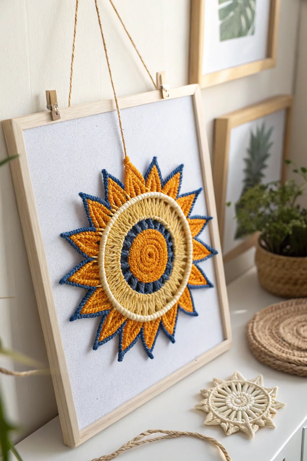 Illuminate your space with a touch of Scandinavian-Boho charm. This handcrafted sun piece brings vibrant energy and natural beauty to any room.