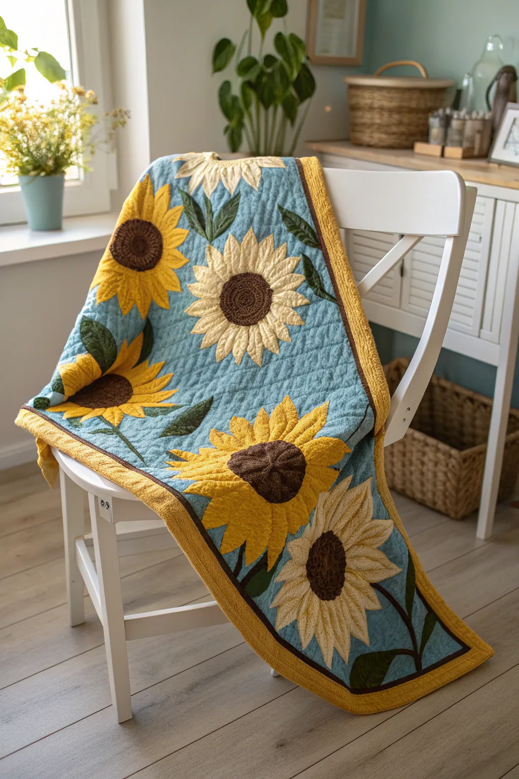 Capture the essence of a sunny day with this charming sunflower quilt, where craftsmanship meets natural beauty.