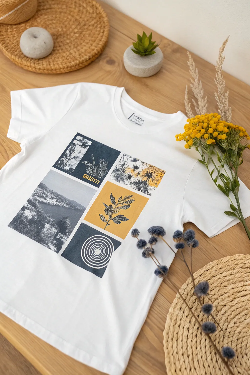 Wear your story: A minimalist t-shirt with a bold, boho collage design.