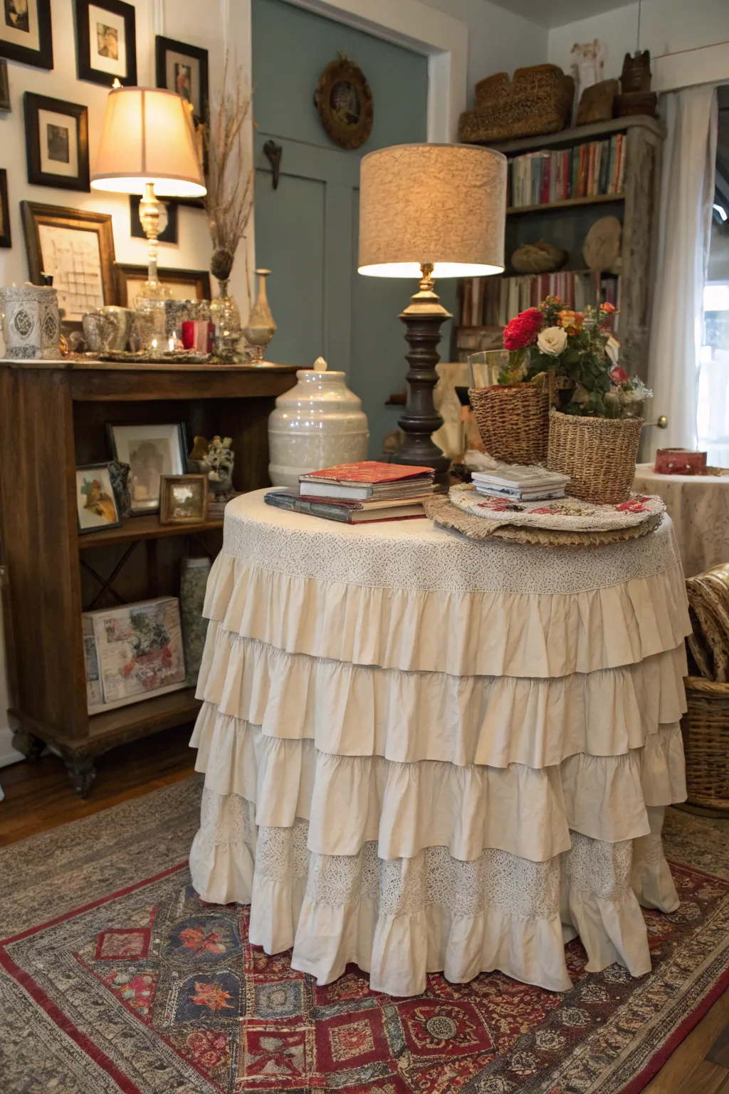 Layered textures create depth and interest in table skirts.