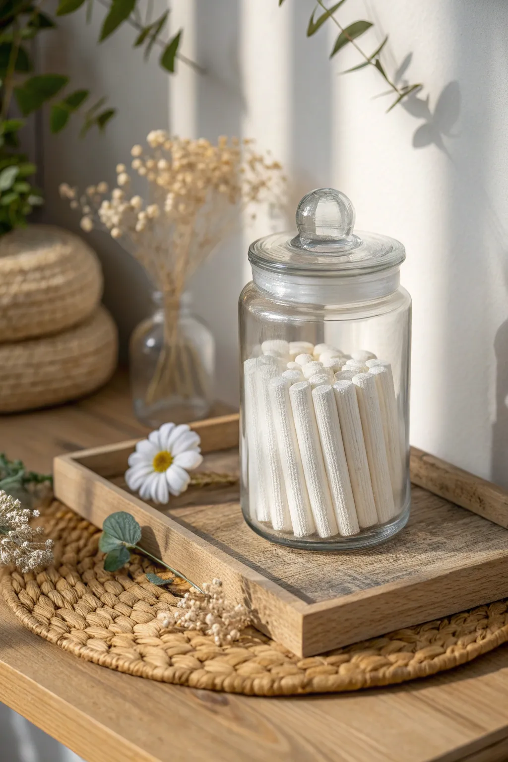 Chic and Organized: Elevate your space with a stunning glass jar display for tampons, blending vintage charm with modern minimalism.